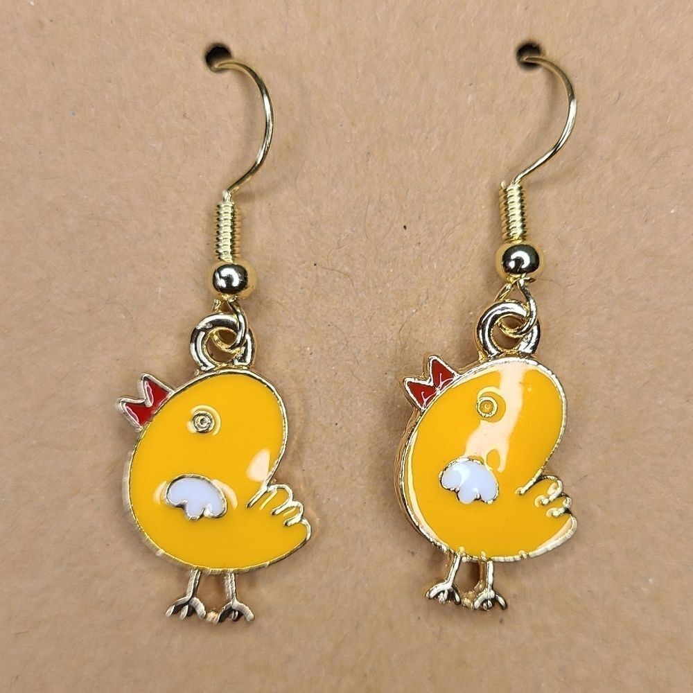 New Hand Crafted Yellow Baby Chick Cute Hook Earrings 14K Gold Plated